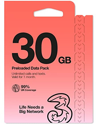 Three Mobile 30GB Data Pay As You Go SIM