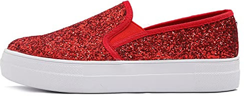 Feversole Women's Fashion Slip-On Trainer Casual Flat Loafers Skater Pumps Trainers Sneakers Shoes Red Glitter Size 4.5
