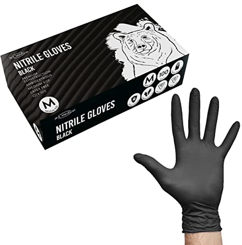 JFA Medical Disposable Mechanic, Tattooist, Tattoo Heavy Duty 5.5G Powder Free Latex Free Black Nitrile Gloves - Box of 100 (M)