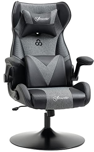 Vinsetto Chaise de Gaming Ergonomique avec Base Ronde Hauteur réglable accoudoir relevable Coussins tétière et lombaires PU Gris Noir