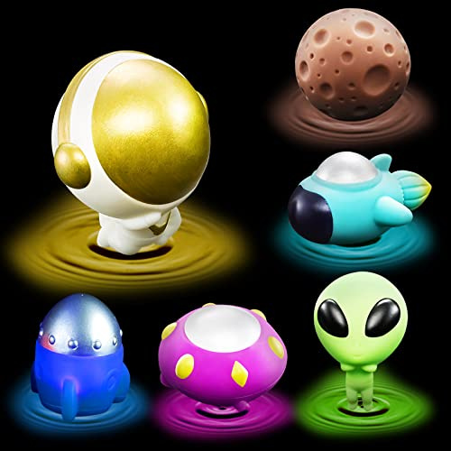 Giocattolo da Bagno con Luce Giochi Vasca da Bagno Spaziale 6 Pezzi Giocattoli da Bagnetto Galleggiante con Astronauta Razzo Alieno UFO Pianeta Nave Giocattolo Educativo Regalo per Bambini