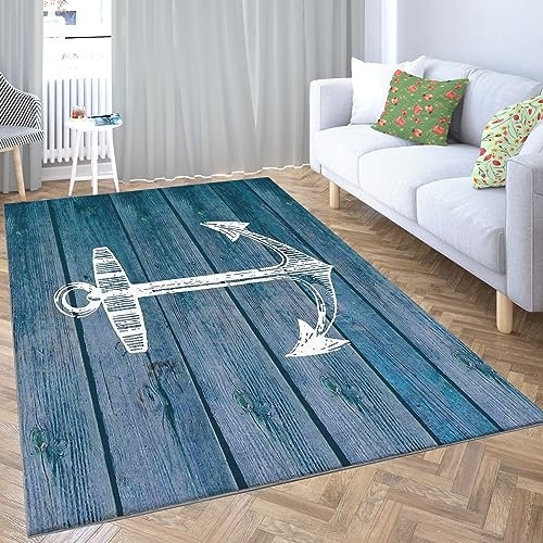 WHUOEUCO Wohnzimmer Teppich Anker mit blauer Holzmaserung 160 x 230cm Kurzflor Teppich rutschfeste Plüsch Akzentteppiche für Wohnzimmer Schlafzimmer Kinderzimmer Teppich Spielzimmer Teppich