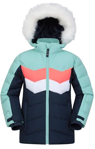 Mountain Warehouse Arctic Padded Kids Ski Jacket - Water Resistant, Breathable, Integrated Snowskirt, Detachable Hood, Faux Fur -For Snowboarding, Winter Sports Light Teal Kids Size 9-10 Years