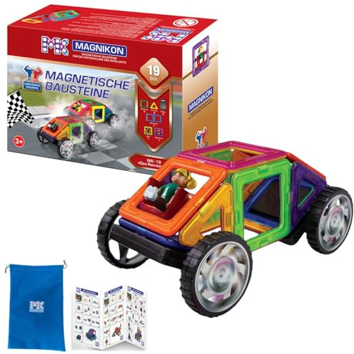 MAGNIKON Magnetische Bausteine MK-19 Das Rennen-2 mit Rädern - Magnet Spiel 19 teilig, Magnet Bausteine, ideal als Magnetspiel zur Förderung von Kreativität und Motorik, Magnetbausteine ab 3 Jahre