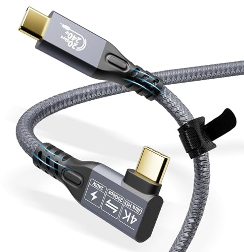 CABLEDECONN Thunderbolt 3-kabel 3 fot, 240 W laddning, 20 Gbps dataöverföring, 4K USB C 3.2 Gen2 × 2 bildskärmskabel hane till hane för MacBook Pro, Dell, Arzopa, Galaxy (USB 3.2 90 tum graders
