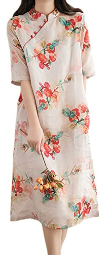 Donne Cinese Tradizionale Stand up Collare Floreale Qipao Abito Cotone Lino Maniche Corte Abito Cheongsam Etnico, Beige, XX-Large