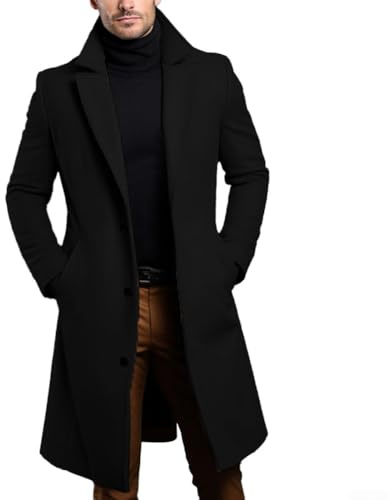 Men's Luxury Black Trench Coat, Single Breasted Long and Warm Overcoat (M Black)
