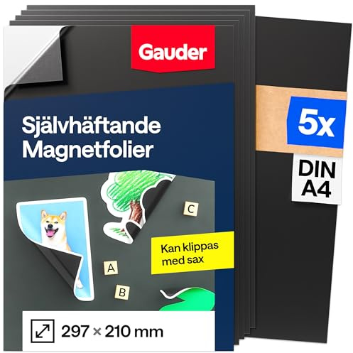 GAUDER Självhäftande Magnetfolie, klippbar (5 st - DIN A4) | Magnetisk film för foto, pyssel och skyltar, svart magnetark för hem, skola och kontor