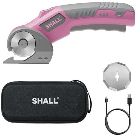 Shall 4V tijeras eléctricas inalámbricas con cierre de seguridad, luz led y cuchilla de reemplazo - Cortador rotativo recargable para tela, cuero, alfombra, cartón y plástico - rosa y gris