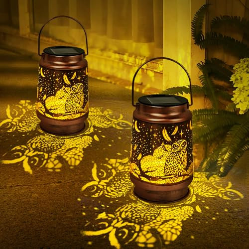Joellfuner Solarlaterne für Außen, 2 Stück Eule Solarleuchten für Außen Garten zum Hängen, Wasserdichte Vintage Metall Solarlampen für Veranda, Garten Dekorationen Terrasse Rasen Hof Gehweg