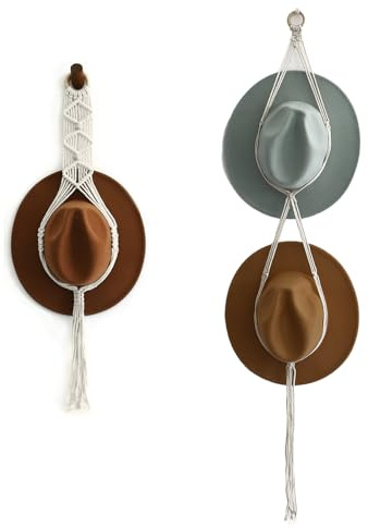 CCAIPU Makramee-hatthållare, Boho Hat Hanger Vägg hängande Hatt Organizer för bred kant Cap Cowboy Lagring för män och kvinnor (A-2st)