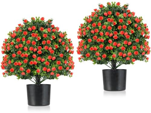 TANGZON Artificial Topiary Trees Set of 2, Decorative Faux Boxwood Topiary Plant in Pot with Flowers, Tall Indoor Outdoor Fake Ball Plants for Home Garden Office (Red Rose, 54cm)