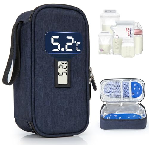 WIBOND Breast Milk Bag, Real-Time Temperature Display Cooler Travel, Holds 4-6 Breastmilk Storage Bag with 2 Ice Pack