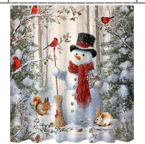 Winter Snowman Shower Curtain for Bathroom Christmas Snowflake Robin Red Cardinal Bird Shower Curtain for Christmas Holidays Bathroom Decor Pine Trees Snow Scene Waterproof Bath Curtain, 72 X 72 Inch