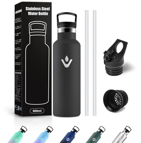 Borraccia Acciaio Inox 500ml, Bottiglia Acqua con Cannuccia, Riutilizzabile, senza BPA, a prova di perdite, Termos per Scuola, Campeggio