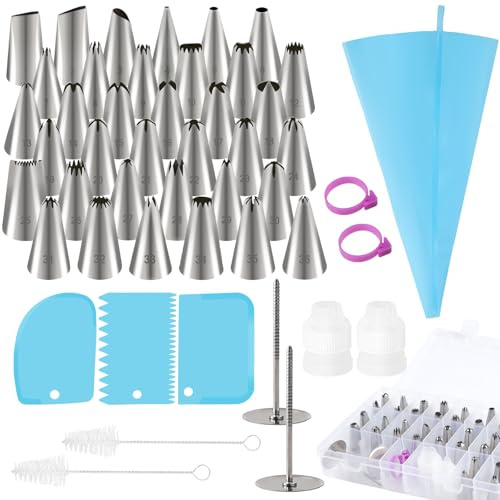 36 beccucci in acciaio inox, con sacchetto da 12 pollici, 2 piccoli frizioni, 3 raschietti per torte, 2 fascette in silicone, 2 spazzole per la pulizia, 2 chiodi e scatola di plastica, per torte e