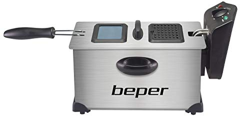 BEPER BC.353 Freidora eléctrica 3,5 litros,2000 W,Acero,Temperatura regulable 190°,Filtro extraíble,Tapa con oblea,Cesto extraíble cromado, Patas antideslizantes,Negro