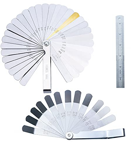 GZLCEU 32 Fühlerlehre Edelstahl Klingen, 12 Gebogene Feeler Gauge mit Stahllineal, Dual Marked Metric Imperial Ventillehre Gap Gauge für Auto Motorrad