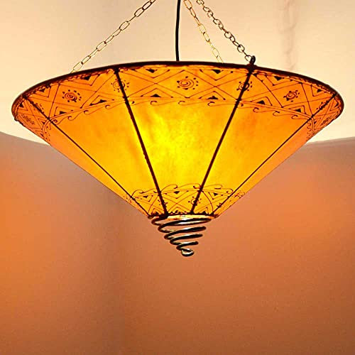 Suspension orientale - En forme de cône - Orange - 50 x 45 cm (diamètre x hauteur) - Lampe au henné marocain - En cuir véritable - À suspendre au-dessus de la table - 210225