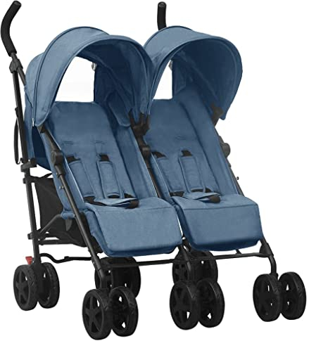 vidaXL Geschwisterwagen mit 12 Rädern Korb Traggürtel Zusammenklappbar Verstellbar Kinderwagen Zwillingswagen Zwillingsbuggy Buggy Marineblau Stahl