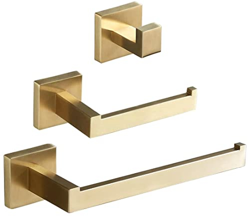 Badezimmer-Zubehör-3-teiliges Handtuchhalter-Set,Gold Handtuchring,Toilettenpapierhalter,Haken, Wandhalterung Edelstahl SUS304/Gebürstetes Gold SHUNLI