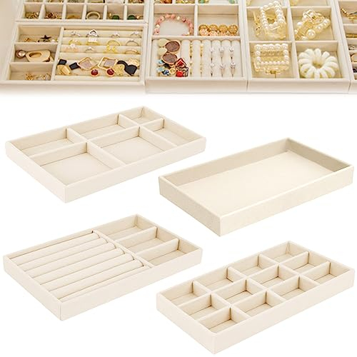 4 Organizzatore Gioielli Beige Vassoio Porta Gioielli, Vassoi per Gioielli Organizer Velluto, Espositore Anelli Organizer Gioielli da Cassetto per Orecchini Anelli Collane Bracciali(21*12.5 *2.5 CM)
