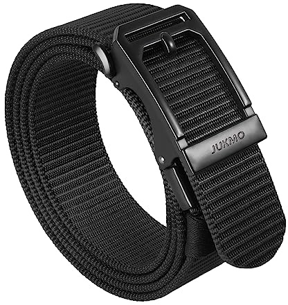 JUKMO Men's Ratchet Tactical Belt, 1.5 Nylon Web Work Belt with Automatic Slide Buckle, Adjustable Trim to Fit (Black, Large)