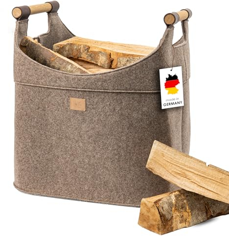 Filz Holzkorb für Kaminholz Groß [70 L] mit Echtholzhenkeln (Eiche) Plegeleichter Boden - Made in Germany - Kaminholzkorb XXL - Brennholzkorb standfest aus Recycling Filz easy and green®