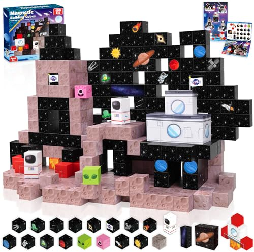 Magnetische Bausteine Magnetausteine Magnetische Bauwelt Baue Weltraum Welt Kosmisches Abenteuer Edition 100 Stück Magnetic Blocks Weinachten Geschenke für 5 6 7 8 9 Weltraum Spielzeug ab 5 Jahre Jung