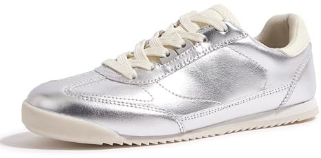 LUCKY STEP Women's Leather Flats Fashion Sneakers Lace Up Tennis Casual Shoes (Silver, 8US-38EU-5UK)