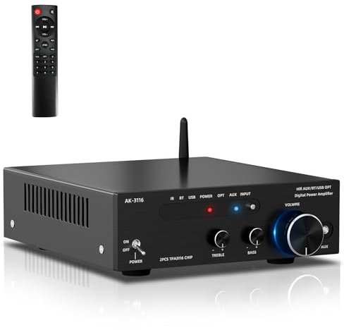 Amplificateur Audio, 2 Canaux 100W x2 Amplicateur HiFi Bluetooth 5.3 Stéréo, TPA3116,Télécommande 24V 5A pour la maison/l'extérieur/la voiture/le système de chauffage (3116)