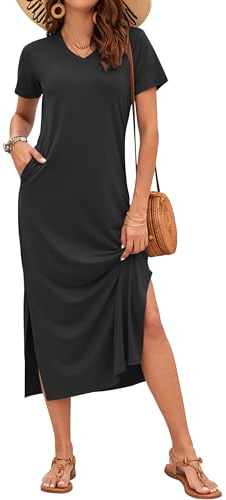 AUSELILY Longues Robes D'Été pour Femmes,Robe Femme De Plage Fendues,Manches Courtes,Col en V,avec Poches Noir XL