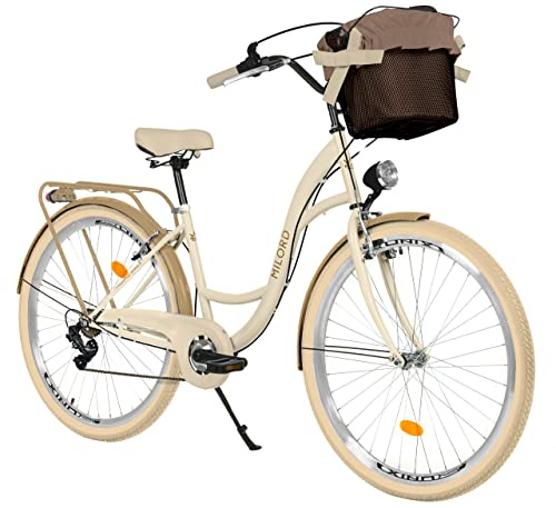 MILORD Damenfahrrad Citybike Komfort Mit Metallkorb Hollandrad Vintage Fahrrad, 26, 28 Zoll, 7-Gang (Creme-Braun, 28 Zoll)