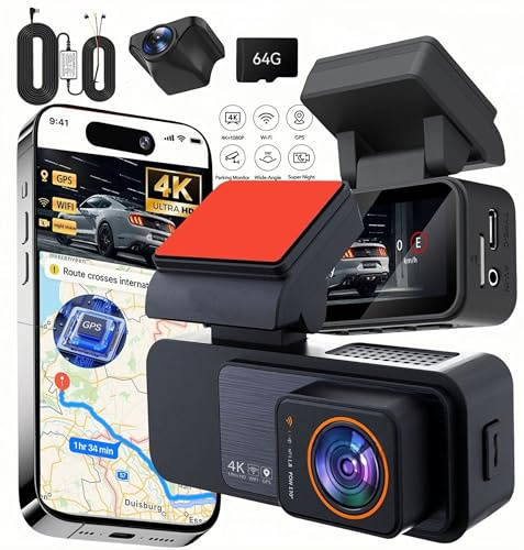 NOVA TECH Dash Cam Front Rear, 4K/2.5K Full HD Dash Camera for Cars, Included 64GB Card, Built-in Wi-Fi GPS, 3.18” IPS Screen, Night Vision, 170°Wide Angle, WDR, 24H Parking Mode (Free HardWire Kit)