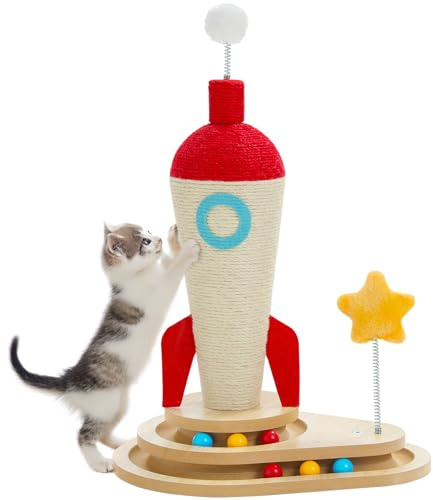 PETEPELA Jouet interactif pour chat avec griffoir en forme de fusée, jouet pour chat, auto-occupation, colonne à gratter en sisal et piste à billes, volant en plume, favorise l'entretien des griffes