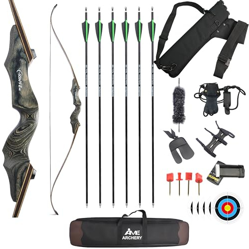 FQH 60'' Archery Recurve Bow Set Takedown American Hunting Long Bow 20-60 lbs for Adults and Beginners Hunter Target Arrow Practice Outdoor Hunting Shooting Training (Gray, 60 LBS)