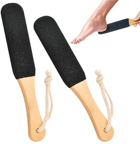 DAJING 2PCS Foot Files for Hard Skin - Natural Pumice Stone & Wooden Handle, Foot Scrubber & Exfoliator, Callus Remover, Pedicure Rasp (Black)
