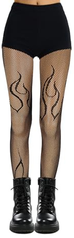 Mikovivi Collant a Rete Nere, Collant Elasticizzati in Rete con Disegno di Fuoco Calze di Halloween per Donna