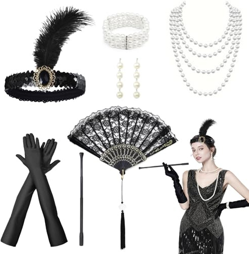 ZHITENG 7 stycken 1920-talskostym damer, Great Gatsby tillbehörsset innehåller armband, pärlhalsband, pärlörhängen, handskar, pannband, pipa och solfjäder, lämplig för maskerad och rollspel, svart, 26