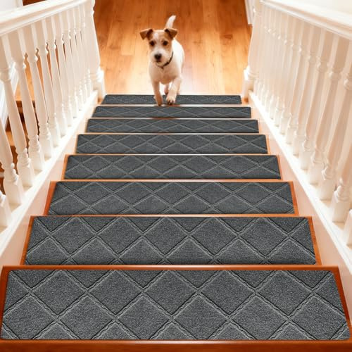 Alfombrillas antideslizantes para escalones, 15 unidades, 55 x 19 cm, autoadhesivas, para interior para peldaños de madera, alfombrillas de seguridad para niños, ancianos y mascotas (gris oscuro)