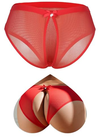 comeondear Tangas Abiertos Sexy para Mujer Bragas Brasileña de Malla Talla Grande Tanga de Red Abiertas Bragas Sexy Slip Transpirable y Cómodo Ropa Interior Elástico Lencería Femenina Rojo,S