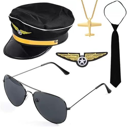 SDFWGG Set Costume da Pilota con Cappello da Capitano, Occhiali Aviatore, Cravatta, Ciondolo Aereo e Distintivi per Cosplay e Feste a Tema