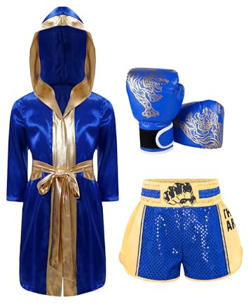 HULIJA Barn pojkar boxningsdräkt boxer cape uniform set med muay thai shorts ringar träningshandskar, Blått guld, 170
