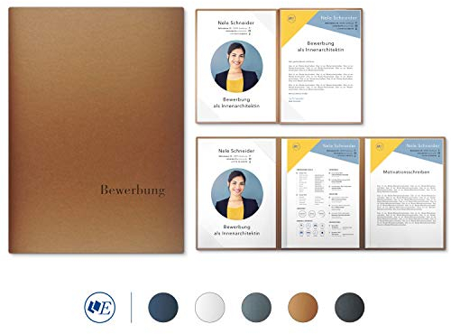 5 Stück 4-teilige Bewerbungsmappen Esclusiva® Exzellent-plus in Kupfer mit 2 Klemmschienen // in 1A-Premium-Qualität mit hochwertiger Flach-Prägung „BEWERBUNG“ // Produkt-Design von Mario Lemani