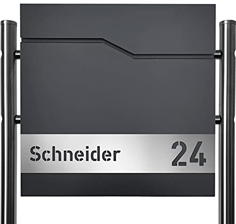AlbersDesign - Personalisierter Briefkasten individuell mit Ihrem Namen in anthrazit (RAL7016) / mit Edelstahl-Schild, als Wand- oder Standbriefkasten