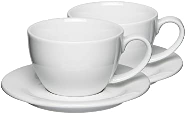 Mahlwerck Barista Café au Lait Tasse, Milchkaffee 350 ml, Kaffeetasse mit Untertasse, italienisches und zeitloses Design, dickwandig, Porzellan, 2er Set, Pearl White, Weiss