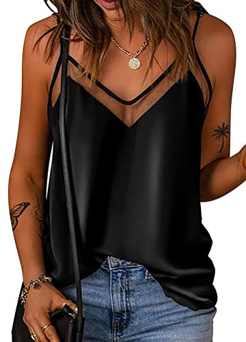 Onsoyours Gilet en Soie pour Femme en Satin Débardeur T-Shirt Spaghetti Bretelles Camisole Col en V Maillot à sans Manches Top Haut Eté A Noir L