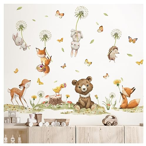 Grandora Wandsticker Tiere Pusteblume Wandtattoo für Kinderzimmer Bär Hase Fuchs Wandaufkleber Löwenzahn Wanddeko für Babyzimmer DL986-04