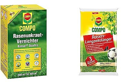 COMPO Rasenunkraut-Vernichter Banvel Quattro 400 ml + Rasen-Langzeitdünger 20 kg für 800 m²