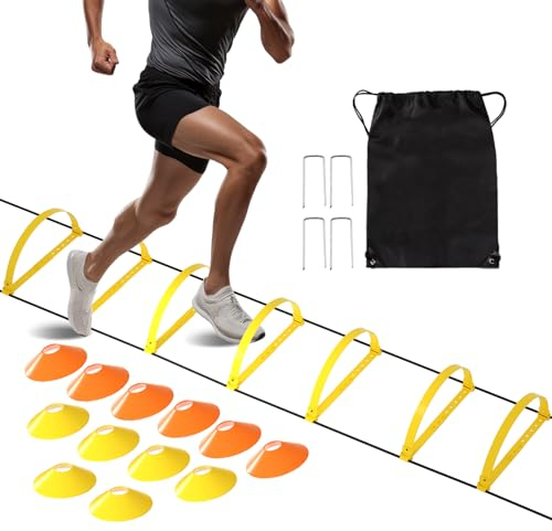 Hikeen Koordinationsleiter-Set, Geschwindigkeitstrainingsgerät für Fußball, 2-in-1 höhenverstellbares Training für Fußballübungen, Sport, Fußarbeitstraining mit 1 Agilitätsleiter, 12 Kegeln, 1